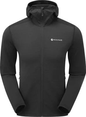 Schwarzer Protium Lite Hoodie von Montane; geeignet als Midlayer für Herren; mit Kapuze und Reißverschlusstaschen.