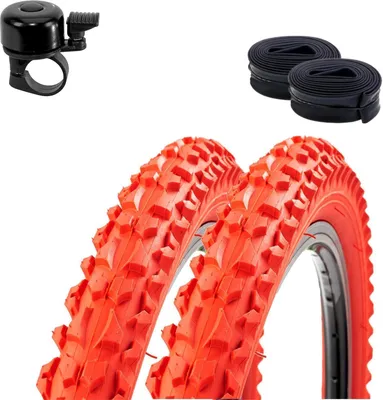 Zdjęcie produktu dla 2 x Roverstone 26" opony rowerowe czerwona obudowa 57-559 (26x2.125) + 2 dętki AV z dzwonkiem rowerowym
