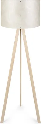 A floor lamp with a tripod base and a cylindrical lampshade.