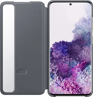 A Samsung Galaxy S20 phone with a gray flip case is shown.