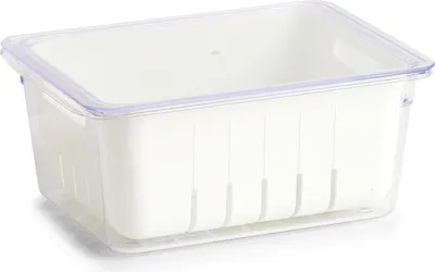 A clear, well-lit studio shot of a white plastic food storage container with a clear lid, placed on a white background.