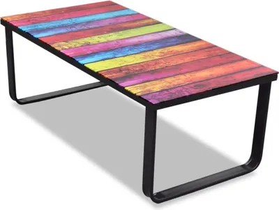A coffee table with a colorful, rainbow-striped wooden print on its surface and black metal legs, shown from a diagonal angle on a white background.