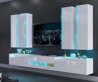 Produktbild von Furnitech Wohnwand Wohnzimmer | Wohnzimmer Möbel mit LED Blau | Hängend Wohnwand Modern | Wohnzimmer Schrankwand mit Regale und TV Schrank (Carmen AN52-18HG-W2 GS5 | ohne Füße)