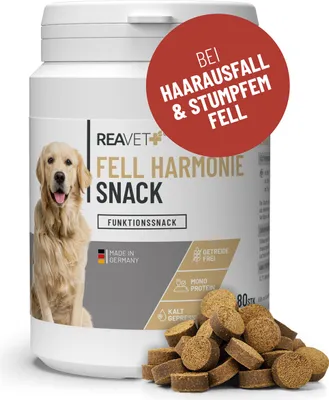 Produktbild von REAVET Fellpflege Leckerlis Hund – Getreidefreier Hundesnack mit Lachsöl, Bierhefe & Kokosöl – Na-türlicher Snack mit Omega-3-Fettsäuren, ideal für Fell & Hautpflege, Fellwechsel I 170 g (80 Stück)