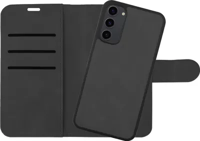 A black flip phone case is shown open, with a black smartphone placed inside.