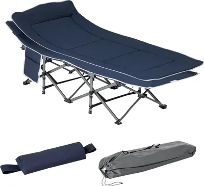 Zdjęcie produktu dla Łóżko polowe Outsunny składane z materacem i torbą transportową, 188 x 64,5 x 53 cm, łóżko gościnne, ładowność do 150 kg, leżak kempingowy dla dorosłych, łóżko składane do ogrodu, kempingu i podróży, ciemnoniebieski