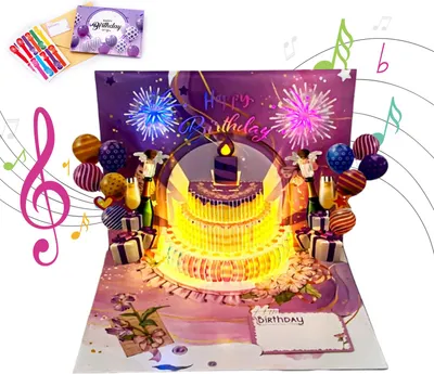 Produktbild von Geburtstagskarte mit Musik blasbar LED Kerzen 3D Pop-up-Karte Geburtstag mit Licht Glückseliges Geburtstagsgeschenk für Frau, beste Freunde, Kinder, Schwestern, Familie, lila