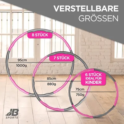 Image de Hula Hoop cerceaux en set de 2 en rose/gris adultes & enfants - Réglable en 8 parties pour massage & perte de poids - cerceaux fitness avec poids variable - Home Workout & entraînement du dos