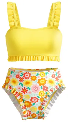 Produktbild von Mädchen-Bikini-Set mit Falten und Blumenmuster, gelb