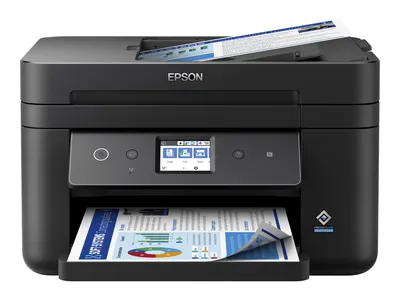 A black Epson WF-2880DWF Wi-Fi Multifunction Inkjet Color Printer with Duplex and ADF is shown from the front.