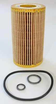 A new oil filter and its accompanying O-rings are displayed on a white background.
