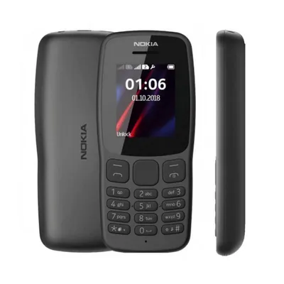 A product shot of a Nokia 106 mobile phone, shown from multiple angles.