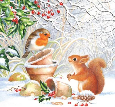 Produktbild von 20 Servietten Winter Picture - Eichhörnchen und Vogel auf Futtersuche 33x33cm