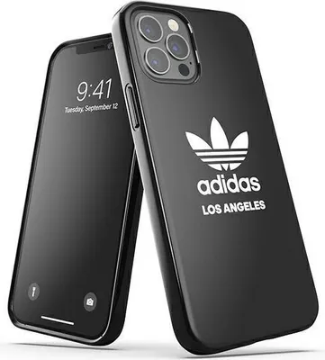A black iPhone case with the Adidas logo and 'Los Angeles' text is shown next to an iPhone.