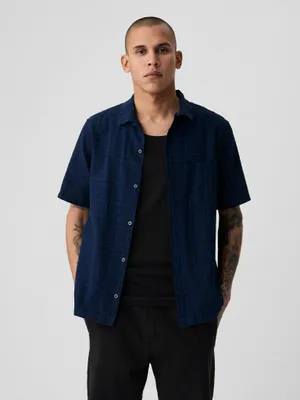 Produktbild von GAP Herren Leinen Kurzarm Hemd mit Kragen und Knopfleiste, Dunkelblau, Größe L