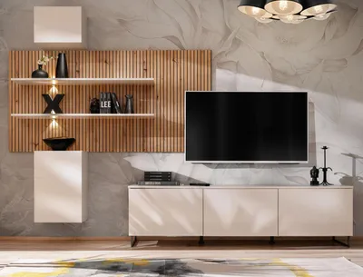 Produktbild von Wohnwand "Laelia" in Sand matt und Artisan Eiche 280 cm Schrankwand inklusive LED Beleuchtung, Push-to-Open