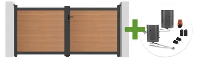 Produktbild von ATHOS 3 m H.140 cm Schwingtor aus Teakholzverbundwerkstoff mit Aluminiumrahmen + BUNKER B500 Motor