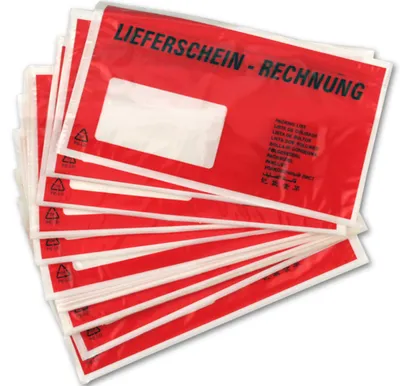 Produktbild von Begleitpapiertaschen aus PE, rot, DL mit Aufdruck selbstkl 100 Stück
