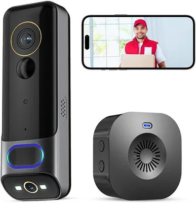 Zdjęcie produktu dla Bezprzewodowy wideodomofon WiFi z dzwonkiem, rozdzielczość 1080p HD, inteligentny wideodomofon z kamerą, zasilany bateryjnie, bezprzewodowy monitoring wideo, w zestawie dzwonek