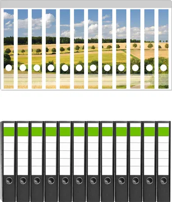 Produktbild von Wallario 12 Stück schmale Ordner inkl. Klebeetiketten mit Motive Feldlandschaft unter blauem Himmel -  Set mit Rückenschildern / Ordnerrücken Stickern