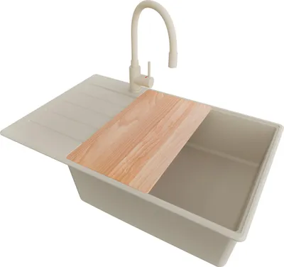 Produktbild von PRIMAGRAN Granitspüle Beige 78x50cm, Spülbecken 1 Becken + Küchenarmatur 38x14cm + Ablauf-Set + Schneidebrett, Küchenspüle ab 60er Unterschrank - Kopenhagen