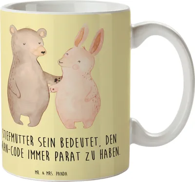 Produktbild von Mr. & Mrs. Panda Kaffeetasse Stiefmutter Heldin - Gelb Pastell - Geschenk, Tasse, Keramiktasse, Verwandte, technologie, Geburtstage, familie, Trinkbecher, Stiefkind