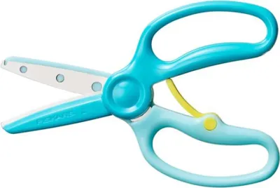 A pair of turquoise and light blue training scissors with a yellow safety lock.