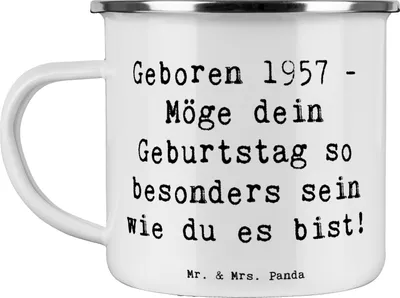 Produktbild von Mr. & Mrs. Panda Kaffeepott Spruch 1957 Geburtstag - Weiß - Geschenk, Happy Birthday, Alter, Teetasse, Haferl, Emaille Tasse, feiern, Pott, Geburtstagsgeschenk, Jahrgang