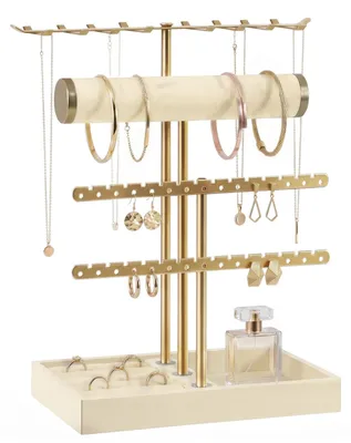 Productafbeelding van Sieradenhouder sieradenstandaard sieradenrek - 4 niveaus - Metaal en fluweel - Goud en beige