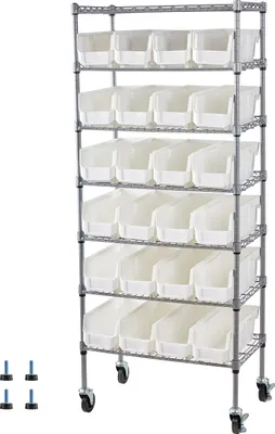 Obrázok produktu pre SucceBuy Stojanový regál s 24 stohovateľnými boxmi, regál s kolieskami, univerzálny organizér do garáže, skladu, kancelárie, reštaurácie, triedy a kuchyne, 600x350x1480 mm