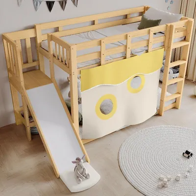 Zdjęcie produktu dla Łóżko piętrowe dla dzieci, 90x200 cm, z zjeżdżalnią, schodami i barierkami ochronnymi, wykonane z naturalnego drewna sosnowego i MDF, idealne do pokoju dziecięcego