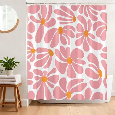 Produktbild von Duschvorhang 180x180 cm, schimmelresistenter Duschvorhang, abstraktes rosa Blumenmuster, Polyester, wasserdichter Badvorhang mit Ösen und 12 Haken.