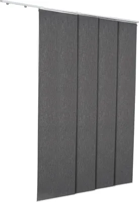 A set of dark gray panel blinds hanging from a track.