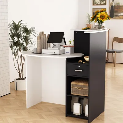 Produktbild von Empfangstheke mit offener Ablagefläche und 1 abschließbaren Schublade, Empfangstresen, Rezeptionstheke, Weiß + Dunkelgrau, MDF, 121 x 110 x 60 cm