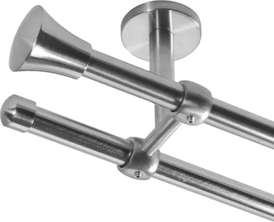 Produktbild von Gardinenstange mit Deckenhalterung I Metall Edelstahl Look 2-läufig Ø 16mm I D21