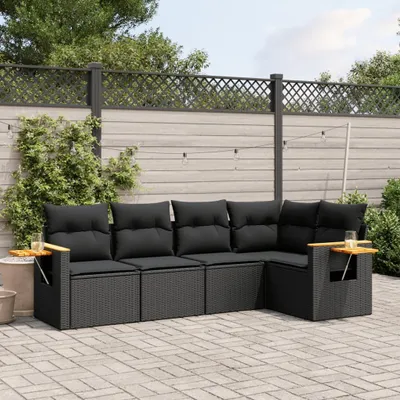 Produktbild von Design 5-tlg. Garten-Sofagarnitur mit Kissen Schwarz Poly Rattan, Gartenmöbel-Sets 2024 Neu