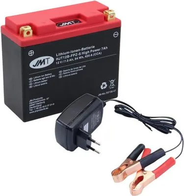 Image de Batterie lithium-ion JMT HJT12B-FP Z-S, 12 V 7 Ah, pôle positif à gauche, DIN 51422 + chargeur