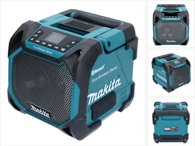 A collage of images showing a Makita Bluetooth speaker from different angles.