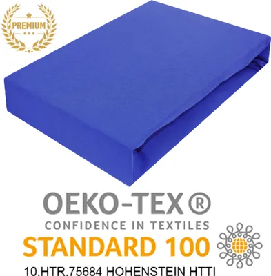 A blue fitted sheet is shown from a diagonal angle on a white background.