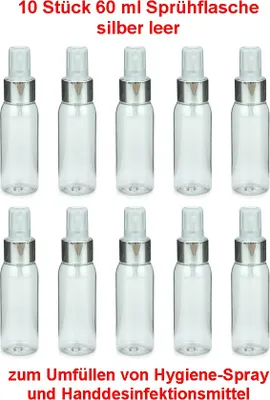 Produktbild von GKA 10 Stück PET Flaschen 60 ml mit silber Spray Pumpe Luxury Sprühflasche Sprayflasche Flasche für unterwegs zum Umfüllen Abfüllen von Handdesinfektionsmittel
