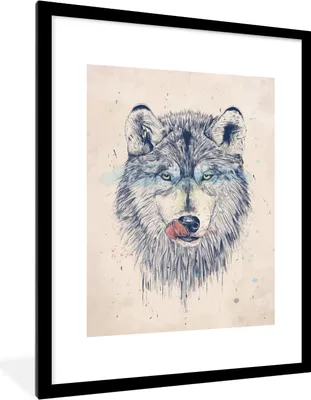 Produktbild von MuchoWow® Gerahmtes Poster Wolf - Tiere - Porträt - Zunge 60x80 cm - Poster mit Schwarzem Bilderrahmen Wandposter Rahmen Foto Bilder - Wohnzimmer - Dekorationen - Prämie
