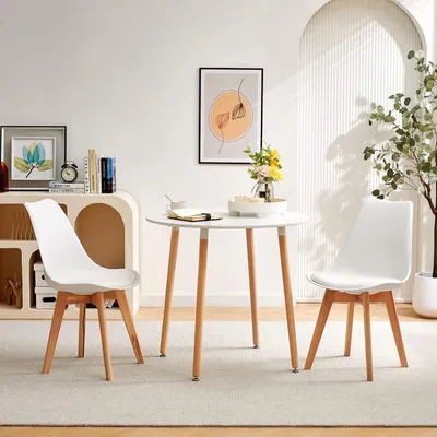Productafbeelding van Eetset 3-delig: Ronde eettafel met 2 stoelen, wit/notenhout, 80x80x74 cm