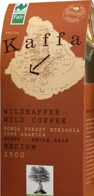 A bag of coffee beans with a map of Ethiopia and text describing the product.