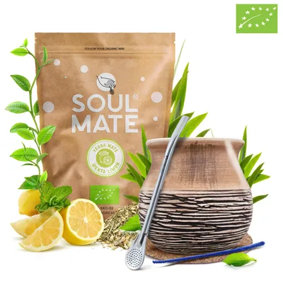 Produktbild von Soul Mate - Mate Tee Set Menta Limon 500g - Keramik Becher Anciento 375ml, Bombilla - Frisch Ohne Rauch Mit Staub - Yerba Mate Brasilien