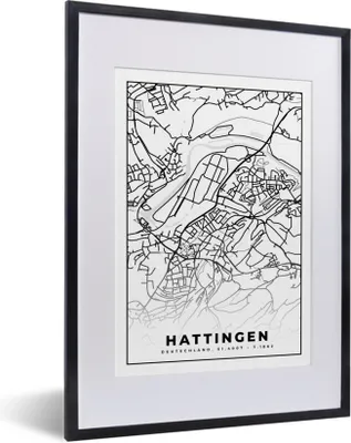 Produktbild von MuchoWow® Gerahmtes Poster Hattingen - Karte - Stadtplan 30x40 cm - Poster mit Schwarzem Bilderrahmen Wandposter Rahmen Foto Bilder - Wandposter Schlafzimmer
