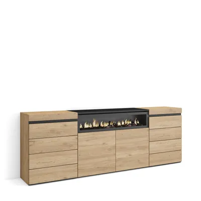 A modern sideboard with a built-in electric fireplace, set against a white background.