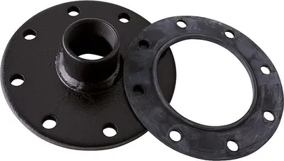 A black metal flange plate with a threaded opening and a black rubber gasket are shown on a white background.