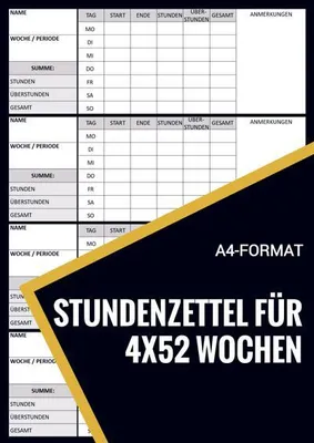 Produktbild von Stundenzettelheft A4-Format Schwarz/Weiß 52 Seiten für 208 Wochenstundenzettel