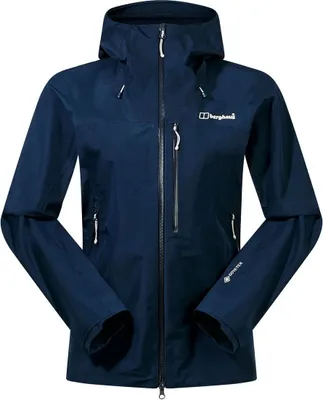 Wasserdichte Ridge-Seeker Jacke von Berghaus in Dunkelblau mit Kapuze und Reißverschlüssen.