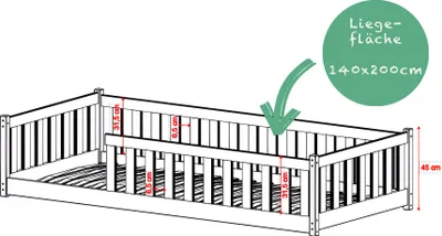 Zdjęcie produktu dla Łóżko dziecięce typu „na podłodze” 140 x 200 cm z zabezpieczeniem przed wypadnięciem i stelażem z listew – łóżko Montessori dla dzieci i młodzieży | białe, z litego drewna sosnowego – dla chłopców i dziewczynek